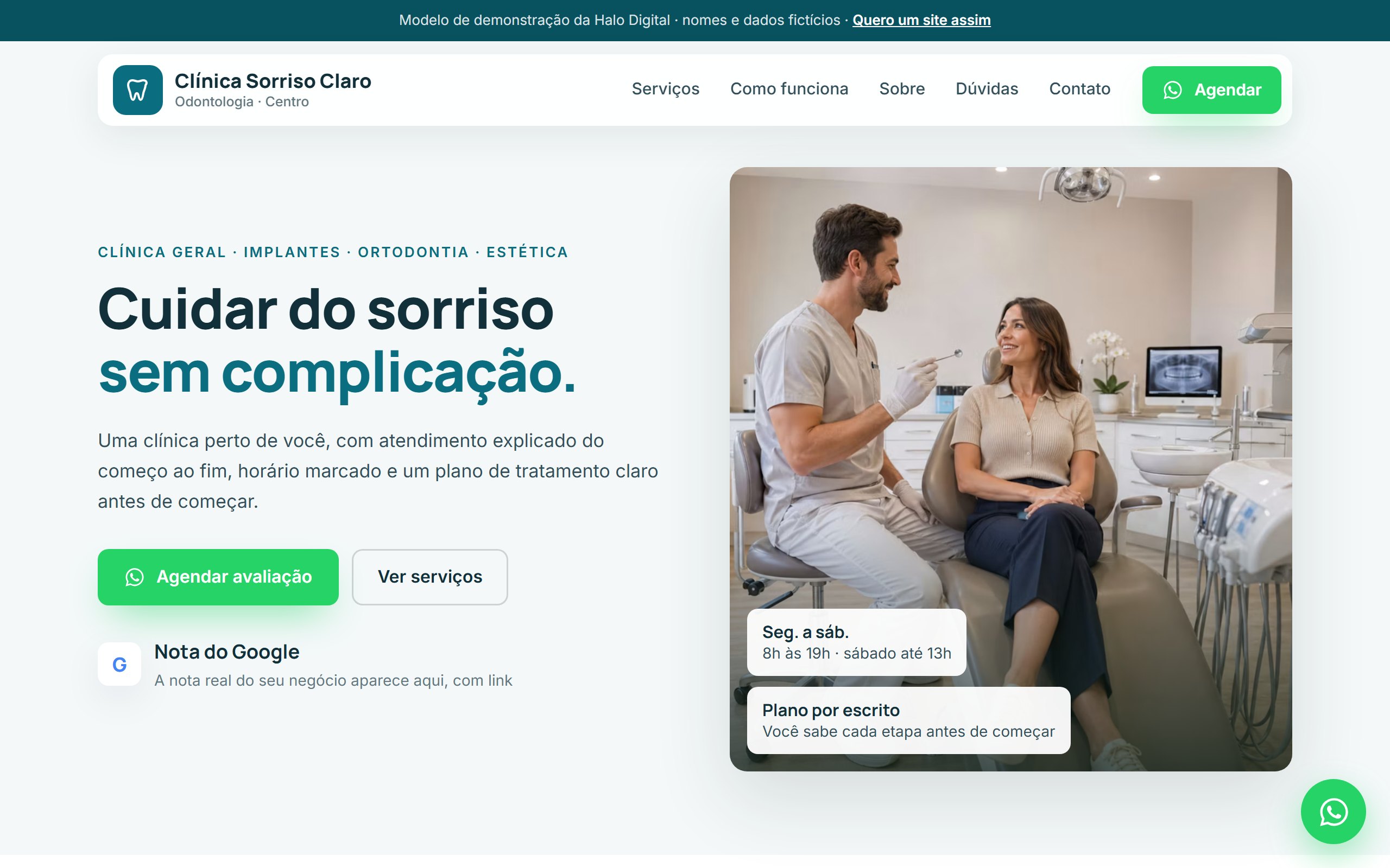 Modelo de site para clínica odontológica feito pela Halo Digital, versão para computador